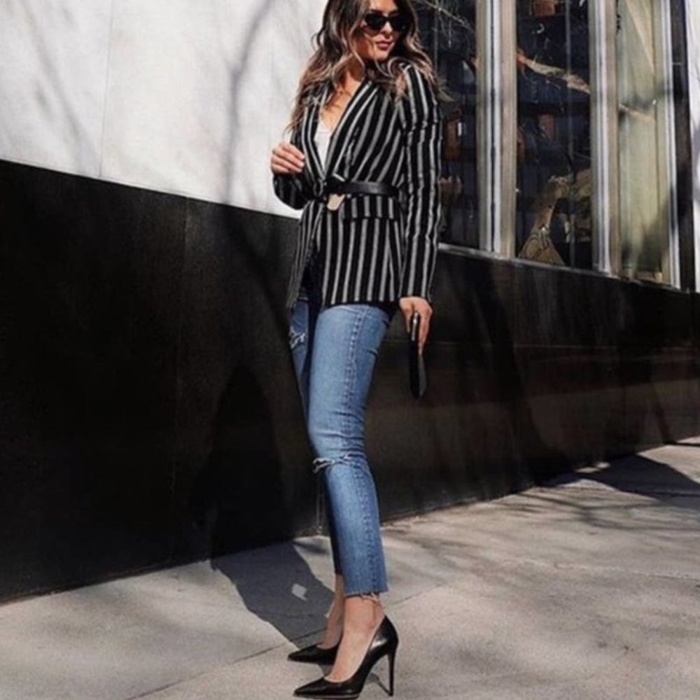 Veronica Beard Petra Striped Stripe Blogger Favorite Black White Blazer Jacket 2 - Picture 2 of 11